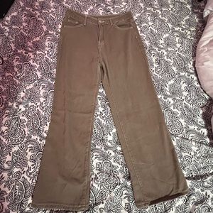 High waisted straight styled brown jeans with white stitching
